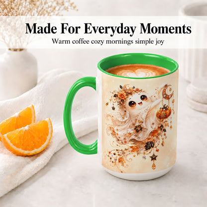 #pl[15oz|Green] Celestial Autumn Ghost Ceramic Mug, Moon Pumpkin Art for Ghost Fans