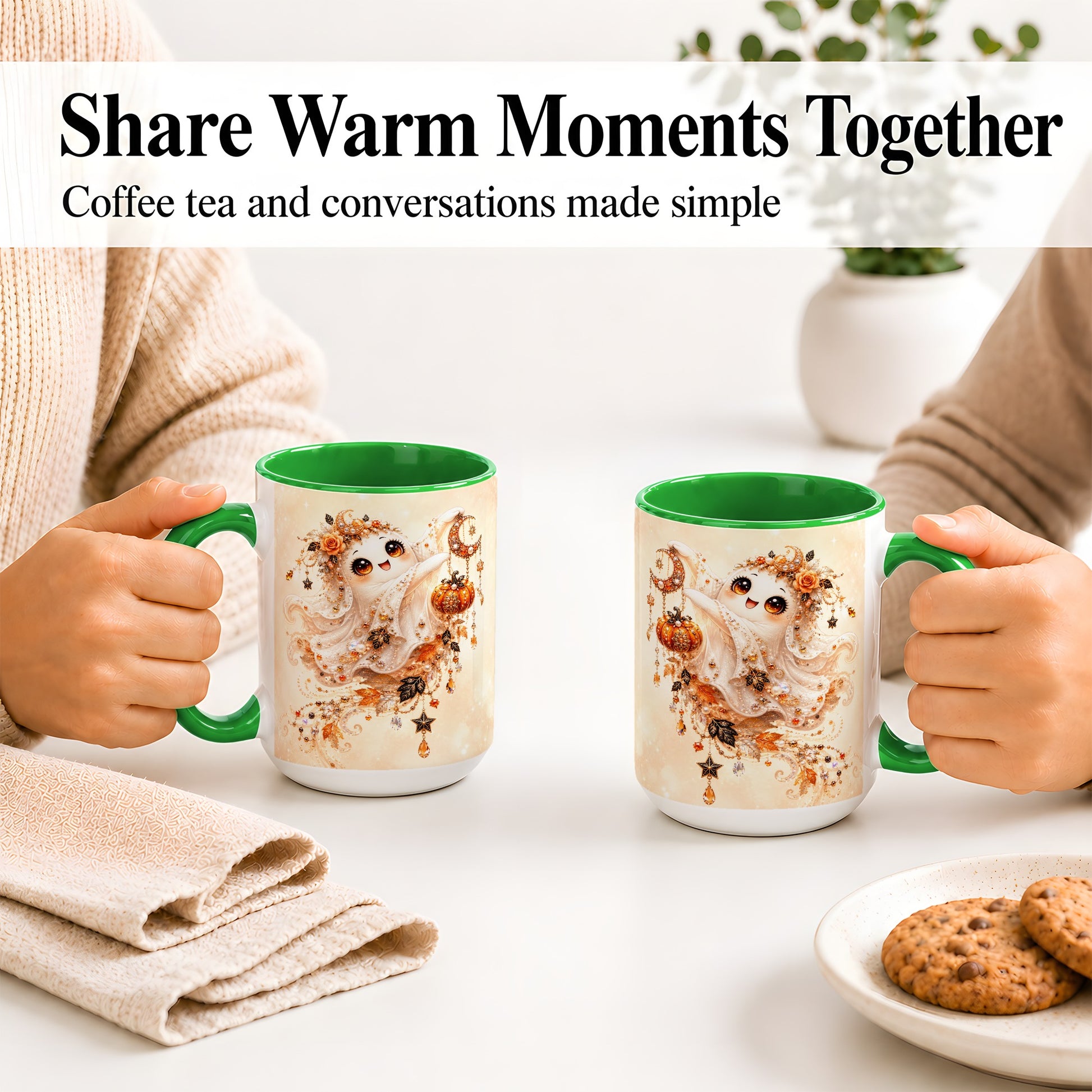 #pl[15oz|Green] Celestial Autumn Ghost Ceramic Mug, Moon Pumpkin Art for Ghost Fans