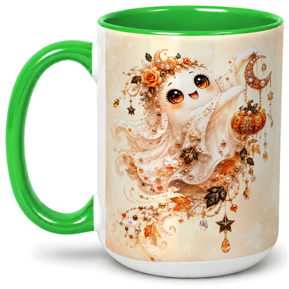 #pl[15oz|Green] Celestial Autumn Ghost Ceramic Mug, Moon Pumpkin Art for Ghost Fans