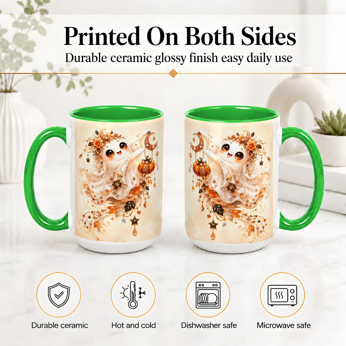 #pl[15oz|Green] Celestial Autumn Ghost Ceramic Mug, Moon Pumpkin Art for Ghost Fans