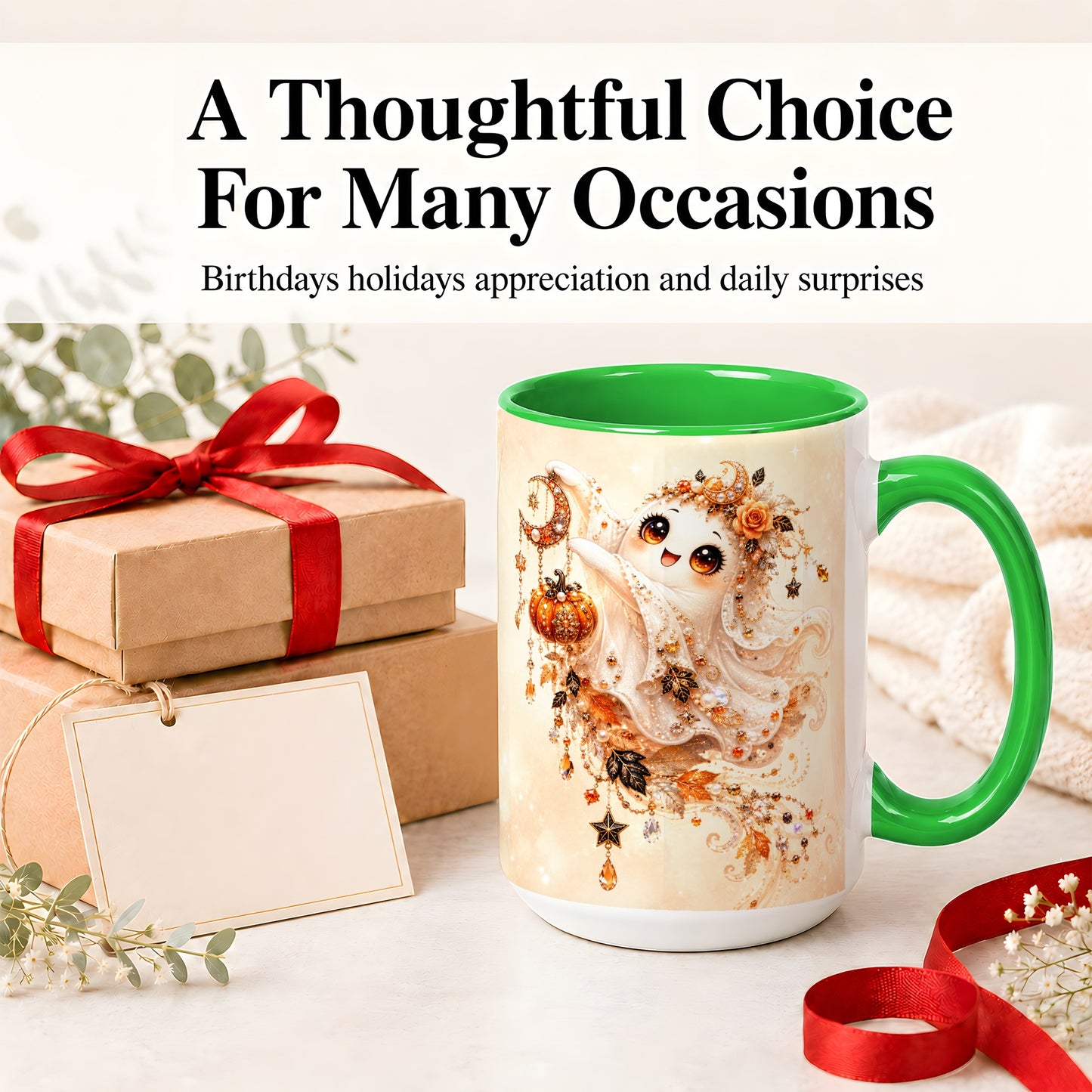 #pl[15oz|Green] Celestial Autumn Ghost Ceramic Mug, Moon Pumpkin Art for Ghost Fans