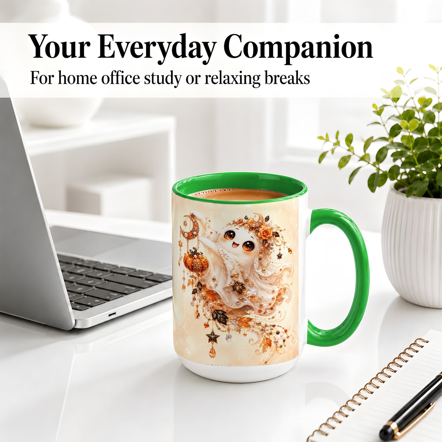 #pl[15oz|Green] Celestial Autumn Ghost Ceramic Mug, Moon Pumpkin Art for Ghost Fans