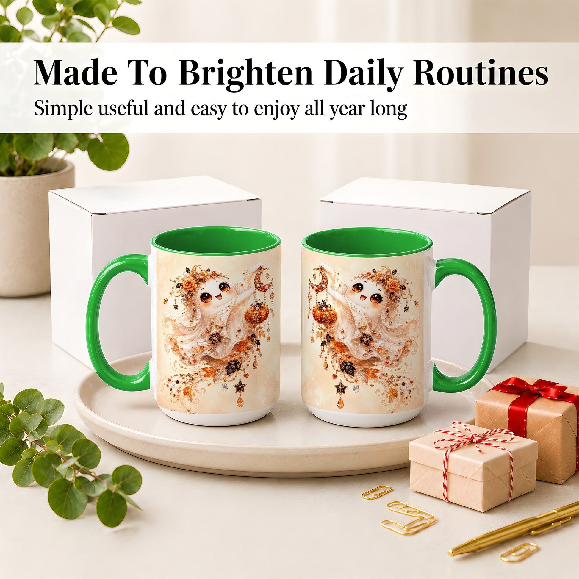 #pl[15oz|Green] Celestial Autumn Ghost Ceramic Mug, Moon Pumpkin Art for Ghost Fans
