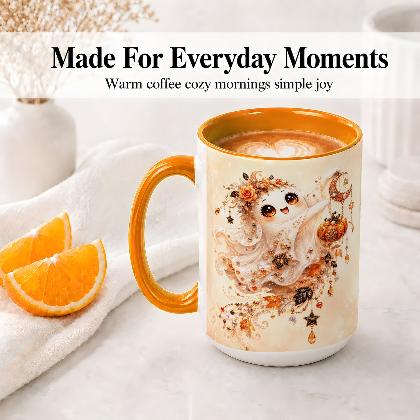 #pl[15oz|Orange] Celestial Autumn Ghost Ceramic Mug, Moon Pumpkin Art for Ghost Fans