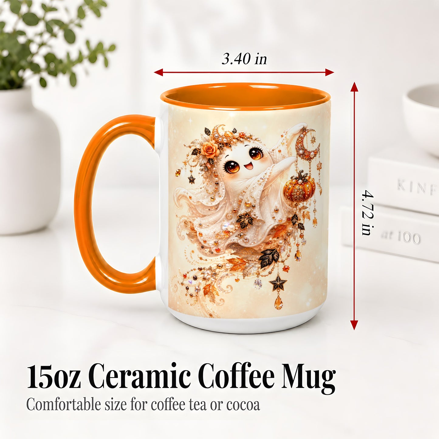 #pl[15oz|Orange] Celestial Autumn Ghost Ceramic Mug, Moon Pumpkin Art for Ghost Fans