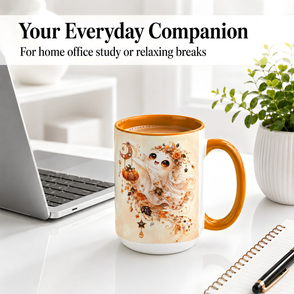 #pl[15oz|Orange] Celestial Autumn Ghost Ceramic Mug, Moon Pumpkin Art for Ghost Fans