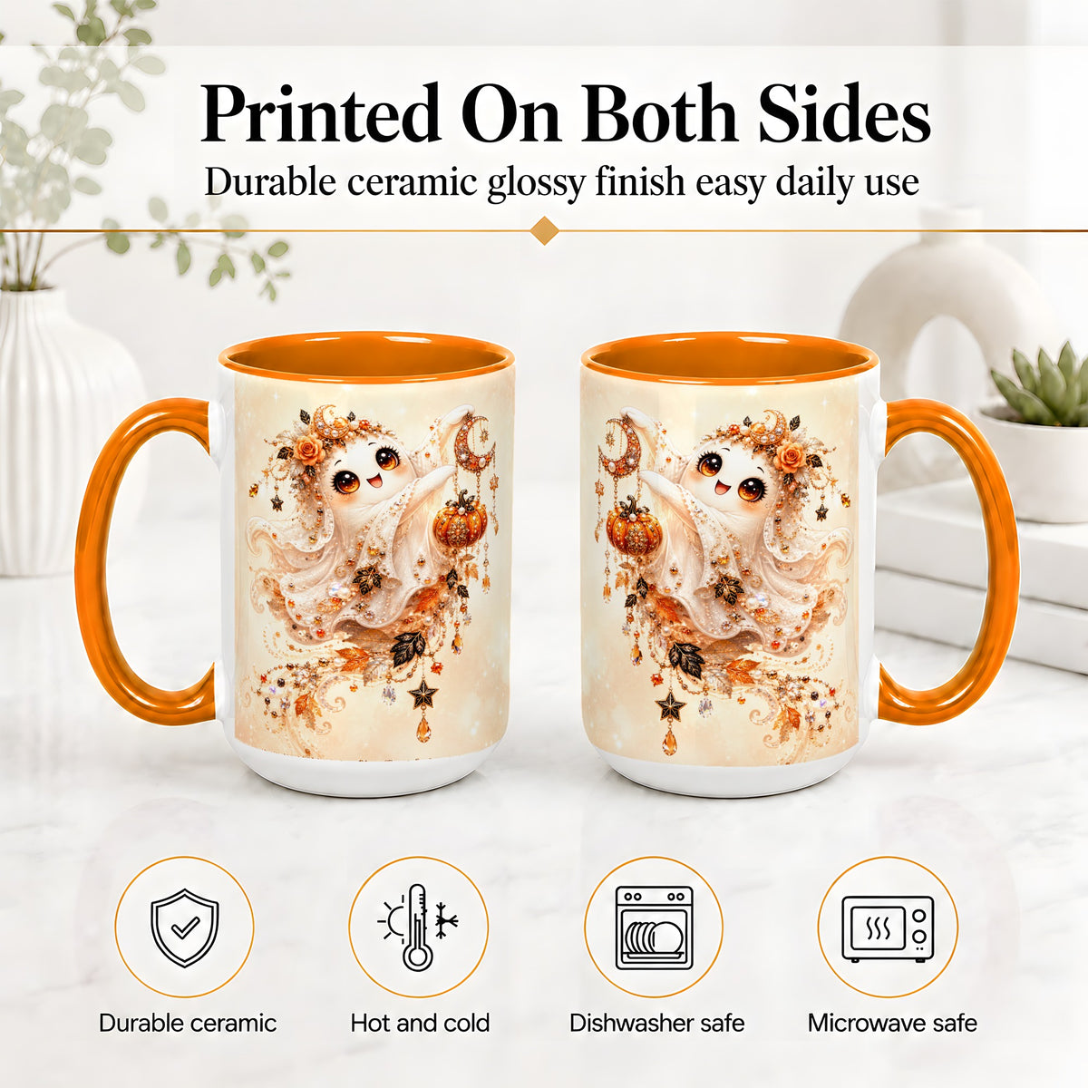 #pl[15oz|Orange] Celestial Autumn Ghost Ceramic Mug, Moon Pumpkin Art for Ghost Fans