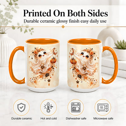 #pl[15oz|Orange] Celestial Autumn Ghost Ceramic Mug, Moon Pumpkin Art for Ghost Fans