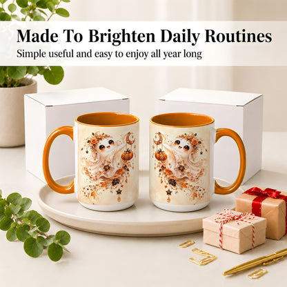 #pl[15oz|Orange] Celestial Autumn Ghost Ceramic Mug, Moon Pumpkin Art for Ghost Fans