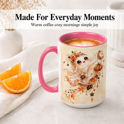 #pl[15oz|Pink] Celestial Autumn Ghost Ceramic Mug, Moon Pumpkin Art for Ghost Fans