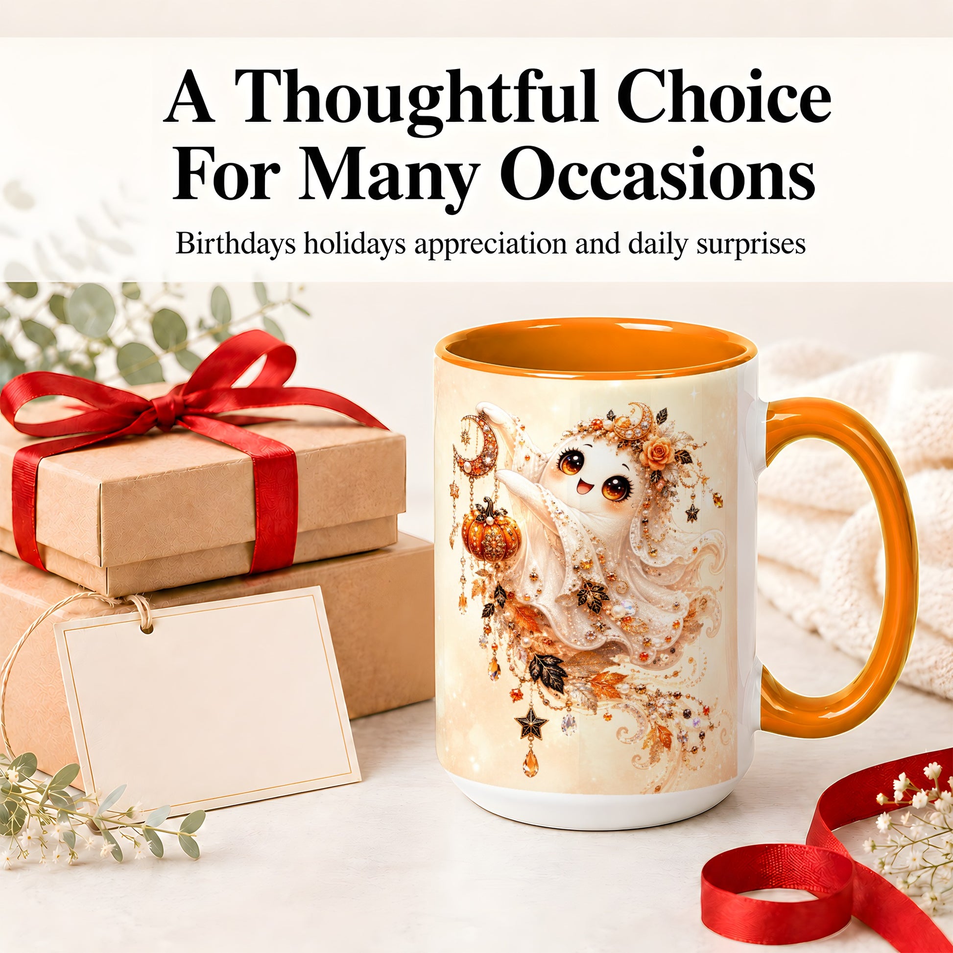 #pl[15oz|Orange] Celestial Autumn Ghost Ceramic Mug, Moon Pumpkin Art for Ghost Fans
