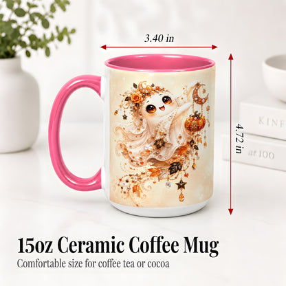 #pl[15oz|Pink] Celestial Autumn Ghost Ceramic Mug, Moon Pumpkin Art for Ghost Fans