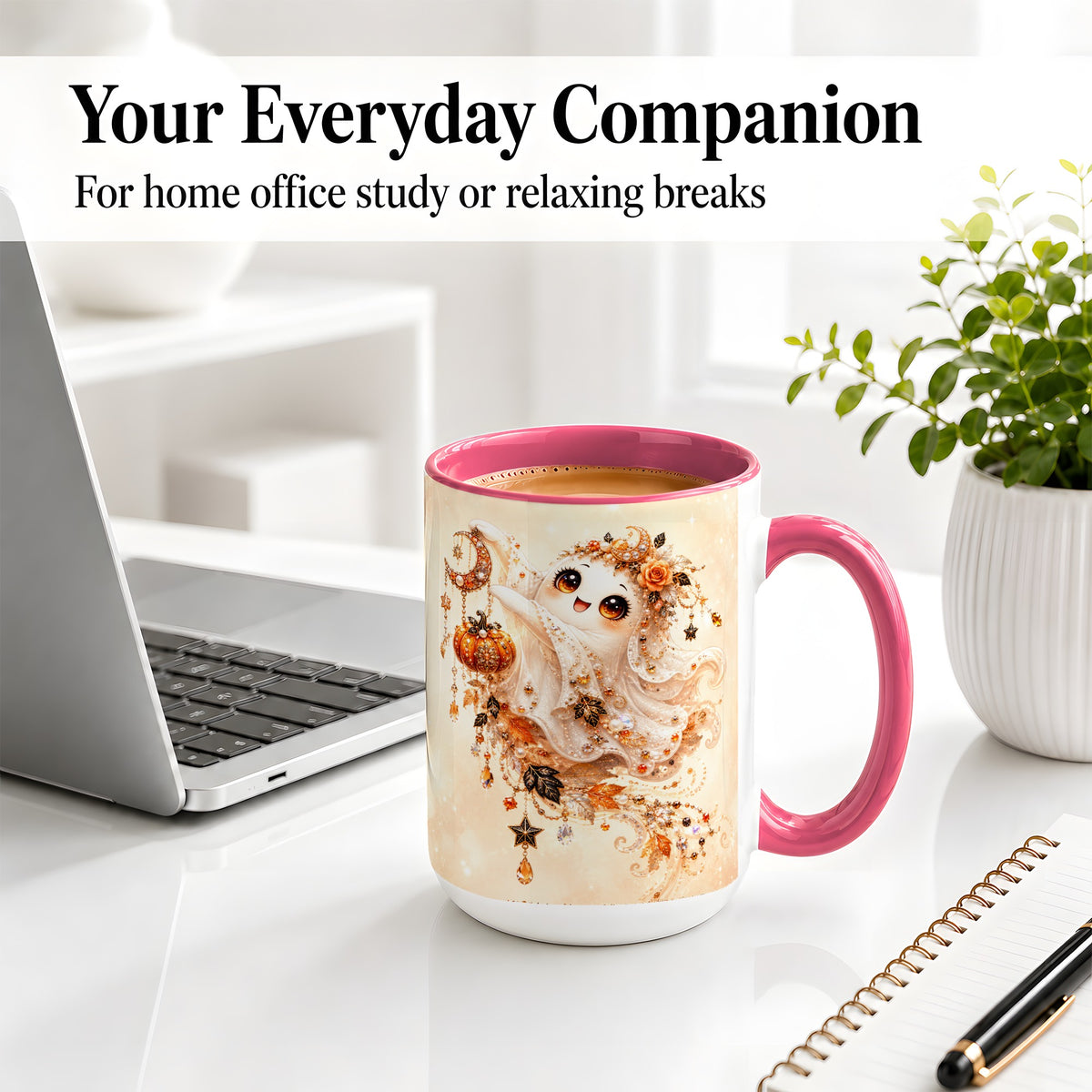 #pl[15oz|Pink] Celestial Autumn Ghost Ceramic Mug, Moon Pumpkin Art for Ghost Fans