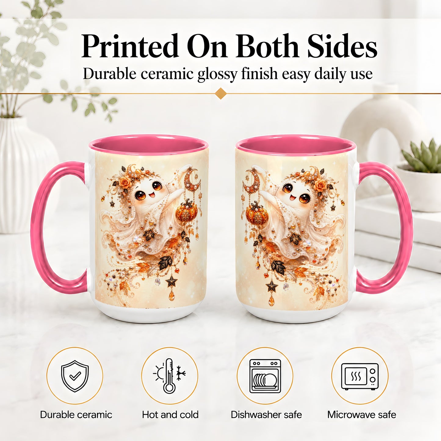 #pl[15oz|Pink] Celestial Autumn Ghost Ceramic Mug, Moon Pumpkin Art for Ghost Fans