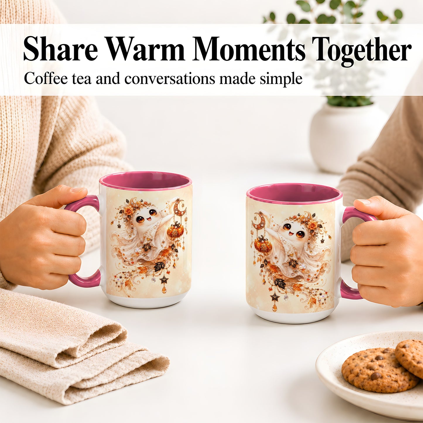 #pl[15oz|Pink] Celestial Autumn Ghost Ceramic Mug, Moon Pumpkin Art for Ghost Fans