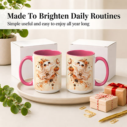 #pl[15oz|Pink] Celestial Autumn Ghost Ceramic Mug, Moon Pumpkin Art for Ghost Fans