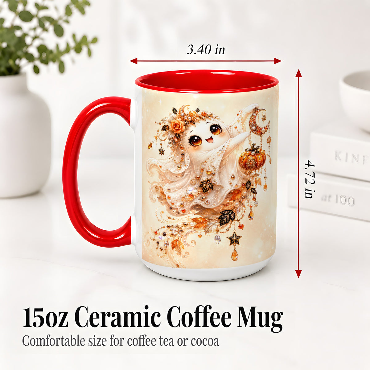 #pl[15oz|Red] Celestial Autumn Ghost Ceramic Mug, Moon Pumpkin Art for Ghost Fans