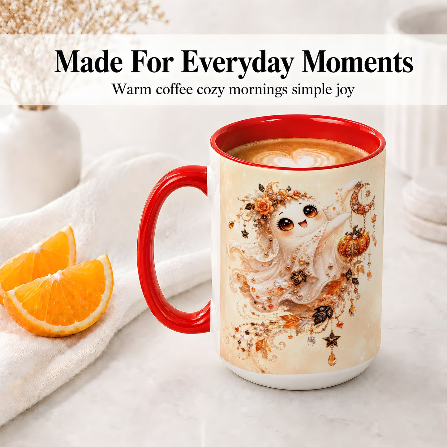 #pl[15oz|Red] Celestial Autumn Ghost Ceramic Mug, Moon Pumpkin Art for Ghost Fans