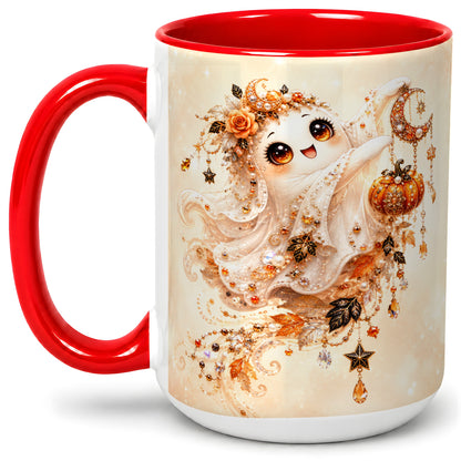 #pl[15oz|Red] Celestial Autumn Ghost Ceramic Mug, Moon Pumpkin Art for Ghost Fans