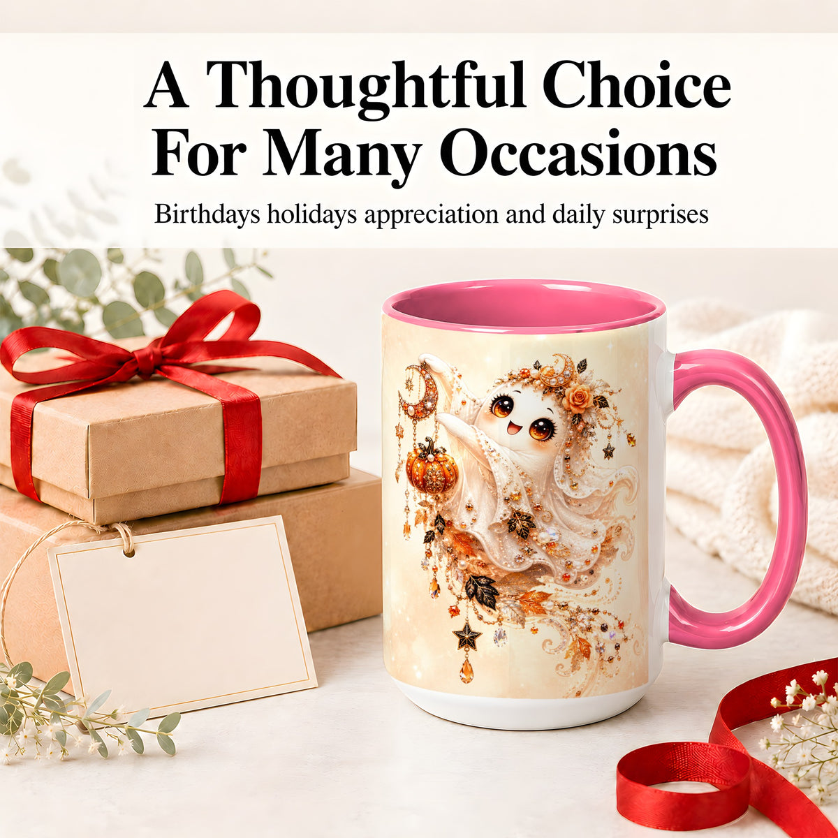#pl[15oz|Pink] Celestial Autumn Ghost Ceramic Mug, Moon Pumpkin Art for Ghost Fans