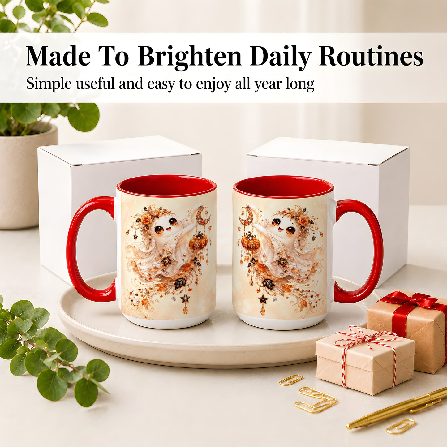 #pl[15oz|Red] Celestial Autumn Ghost Ceramic Mug, Moon Pumpkin Art for Ghost Fans