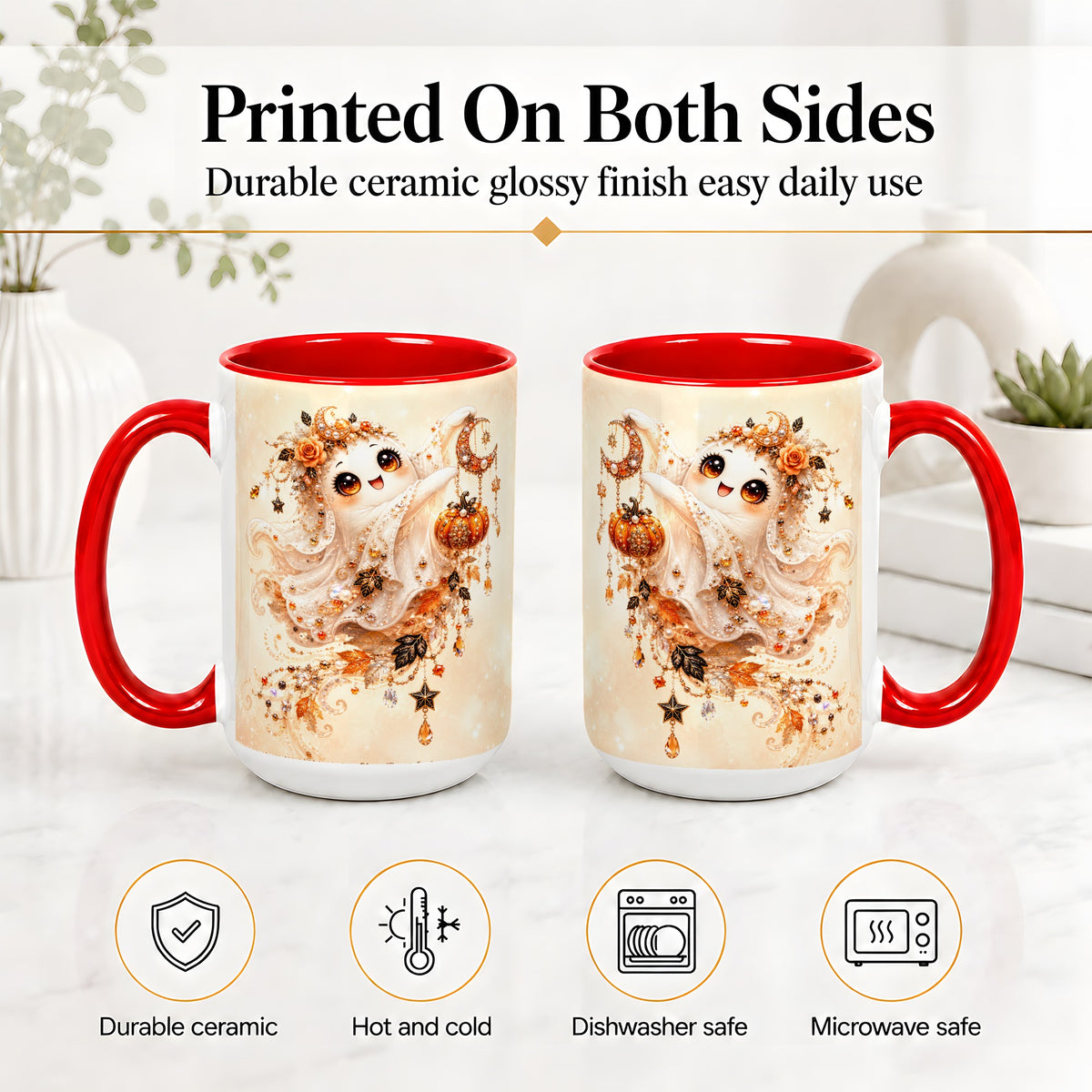 #pl[15oz|Red] Celestial Autumn Ghost Ceramic Mug, Moon Pumpkin Art for Ghost Fans
