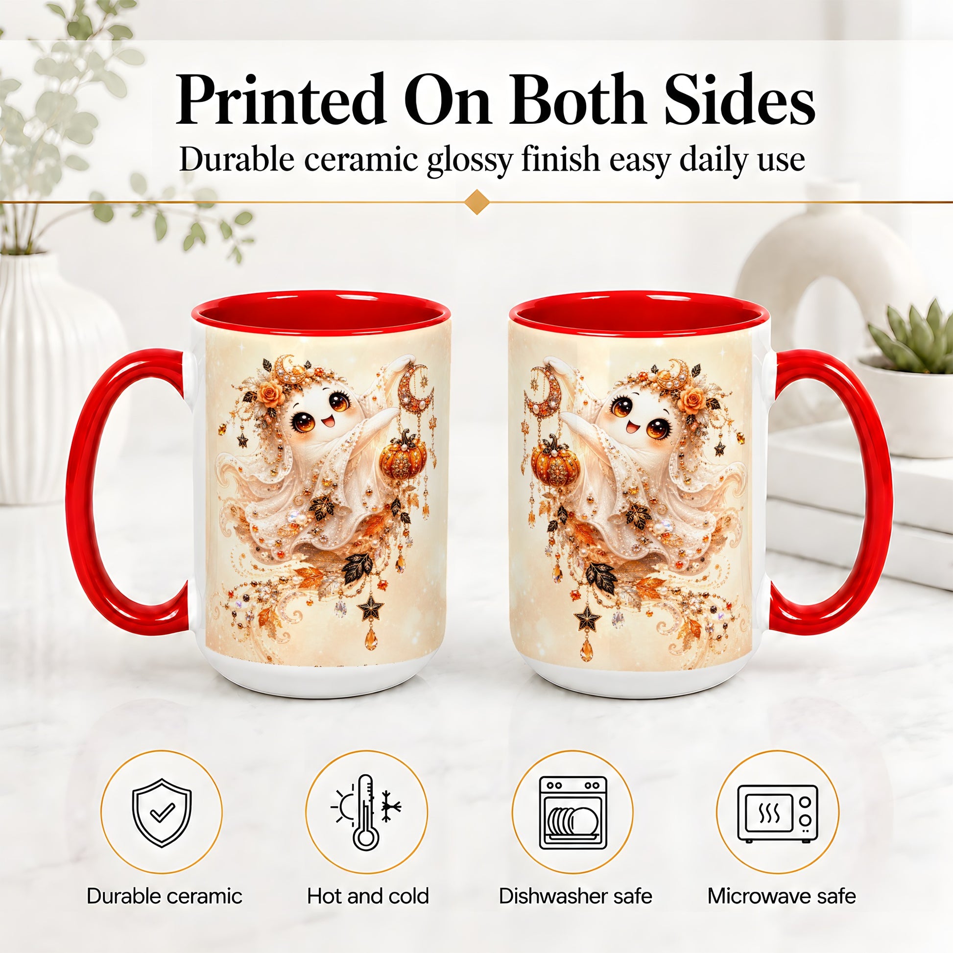 #pl[15oz|Red] Celestial Autumn Ghost Ceramic Mug, Moon Pumpkin Art for Ghost Fans