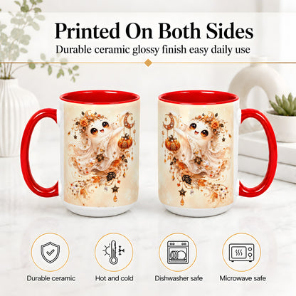#pl[15oz|Red] Celestial Autumn Ghost Ceramic Mug, Moon Pumpkin Art for Ghost Fans
