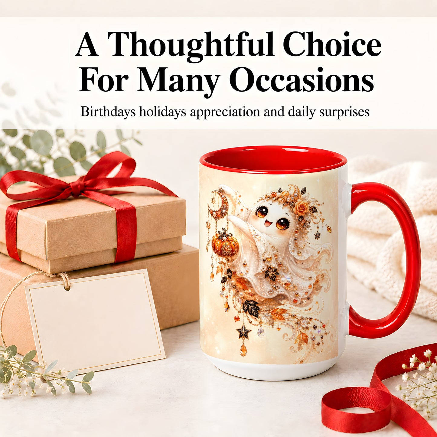 #pl[15oz|Red] Celestial Autumn Ghost Ceramic Mug, Moon Pumpkin Art for Ghost Fans