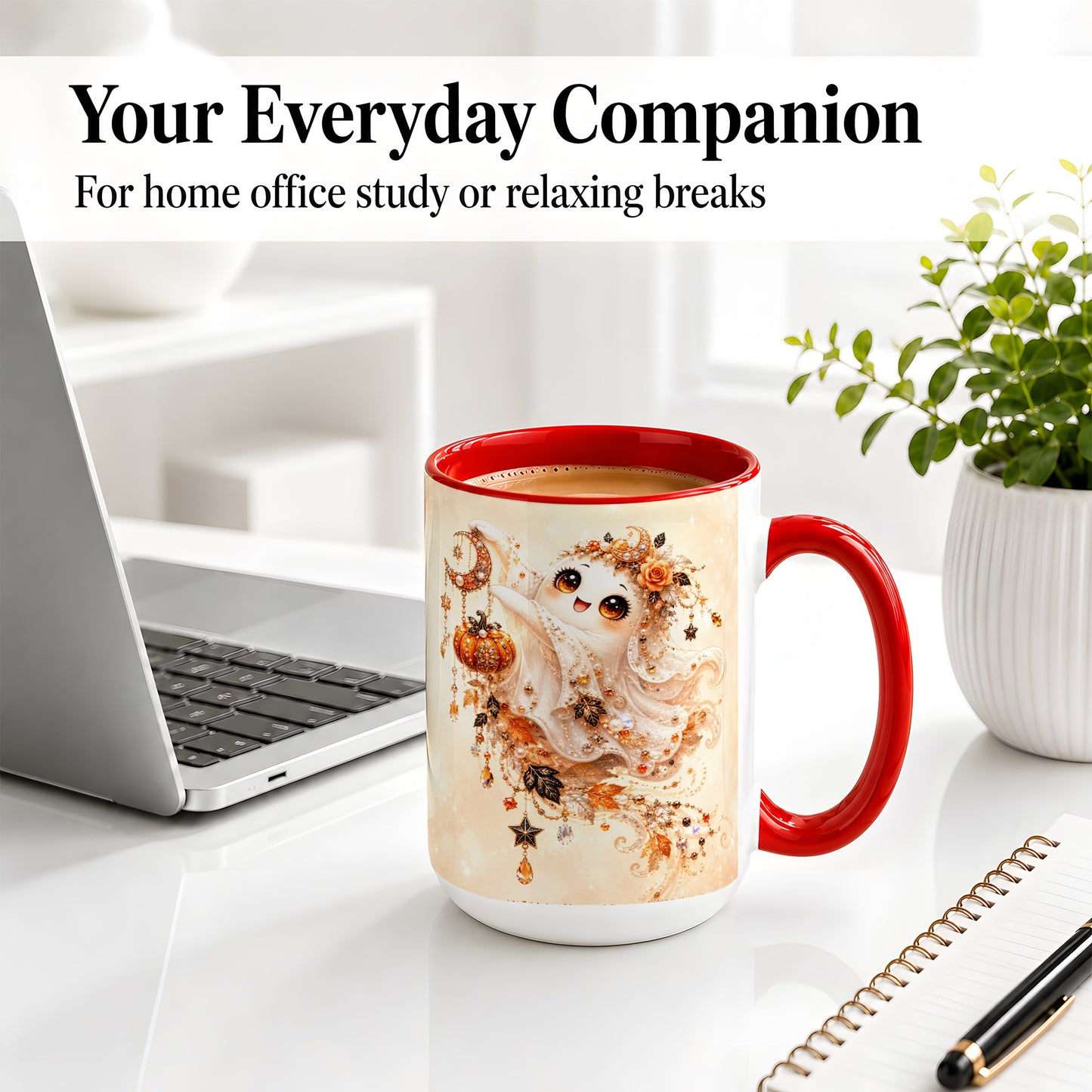 #pl[15oz|Red] Celestial Autumn Ghost Ceramic Mug, Moon Pumpkin Art for Ghost Fans