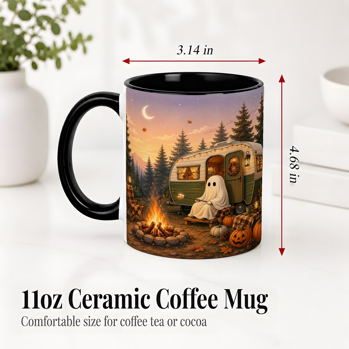 #pl[11oz|Black] Autumn Camping Ghost Ceramic Mug, Camper Campfire Art for Campers