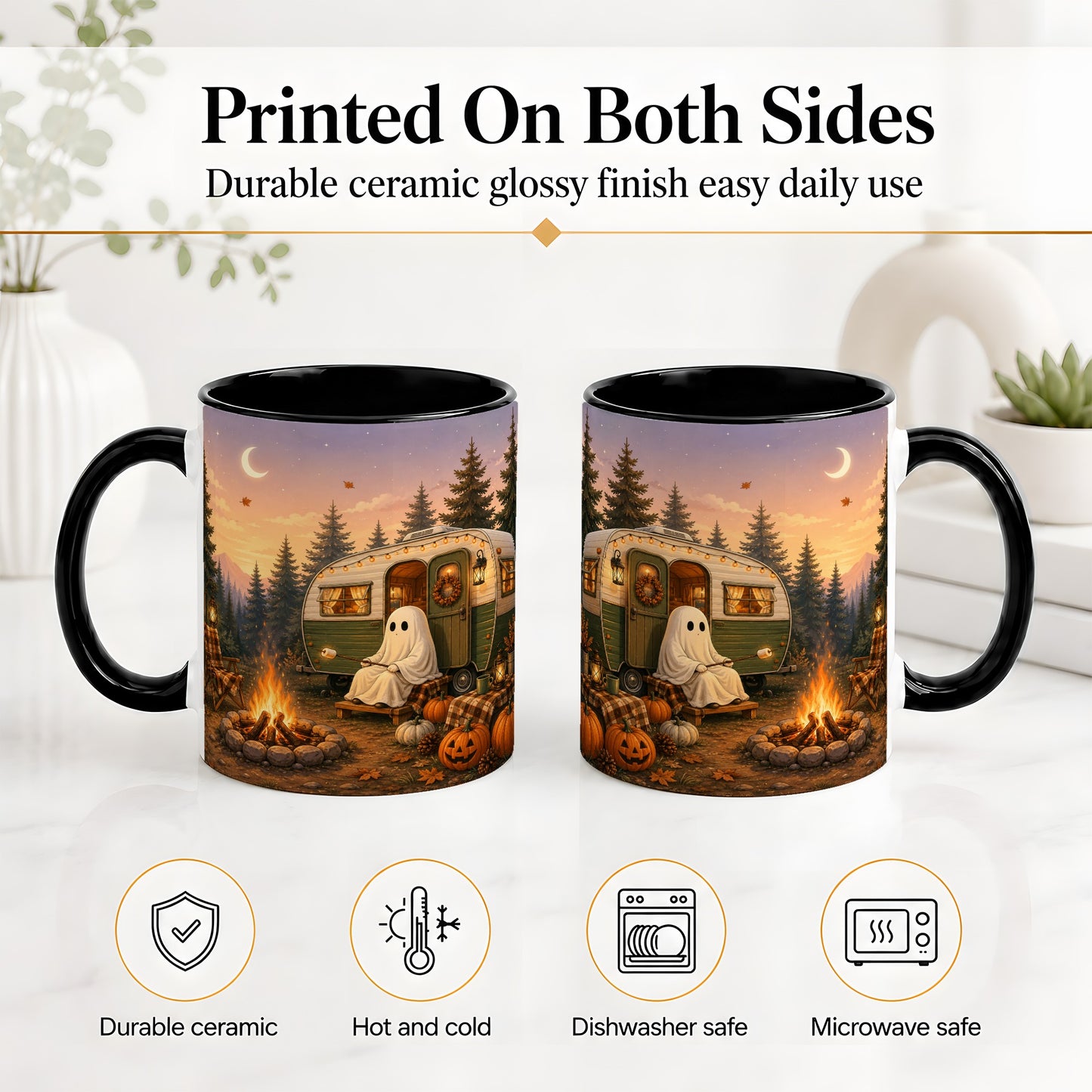 #pl[11oz|Black] Autumn Camping Ghost Ceramic Mug, Camper Campfire Art for Campers