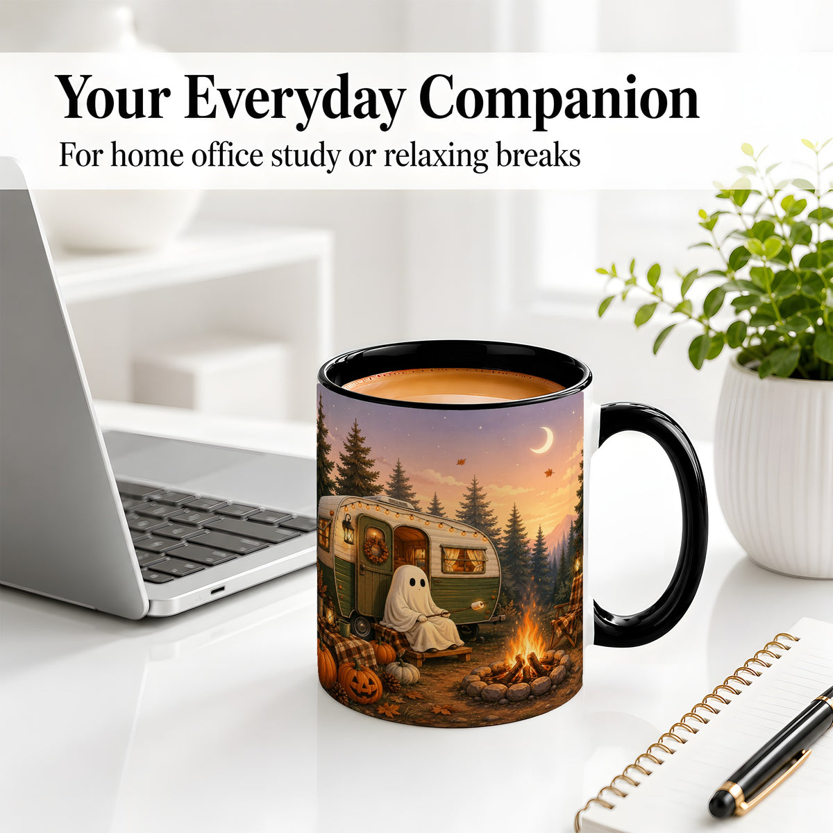 #pl[11oz|Black] Autumn Camping Ghost Ceramic Mug, Camper Campfire Art for Campers