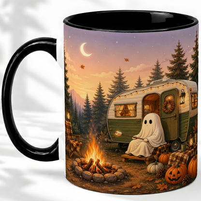 #pl[11oz|Black] Autumn Camping Ghost Ceramic Mug, Camper Campfire Art for Campers