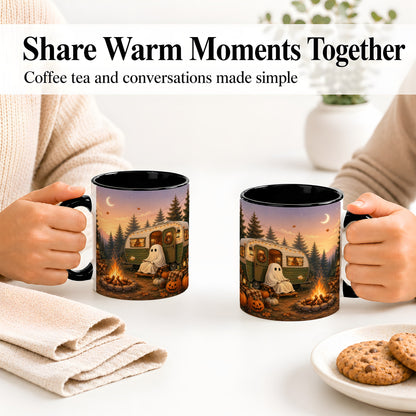 #pl[11oz|Black] Autumn Camping Ghost Ceramic Mug, Camper Campfire Art for Campers