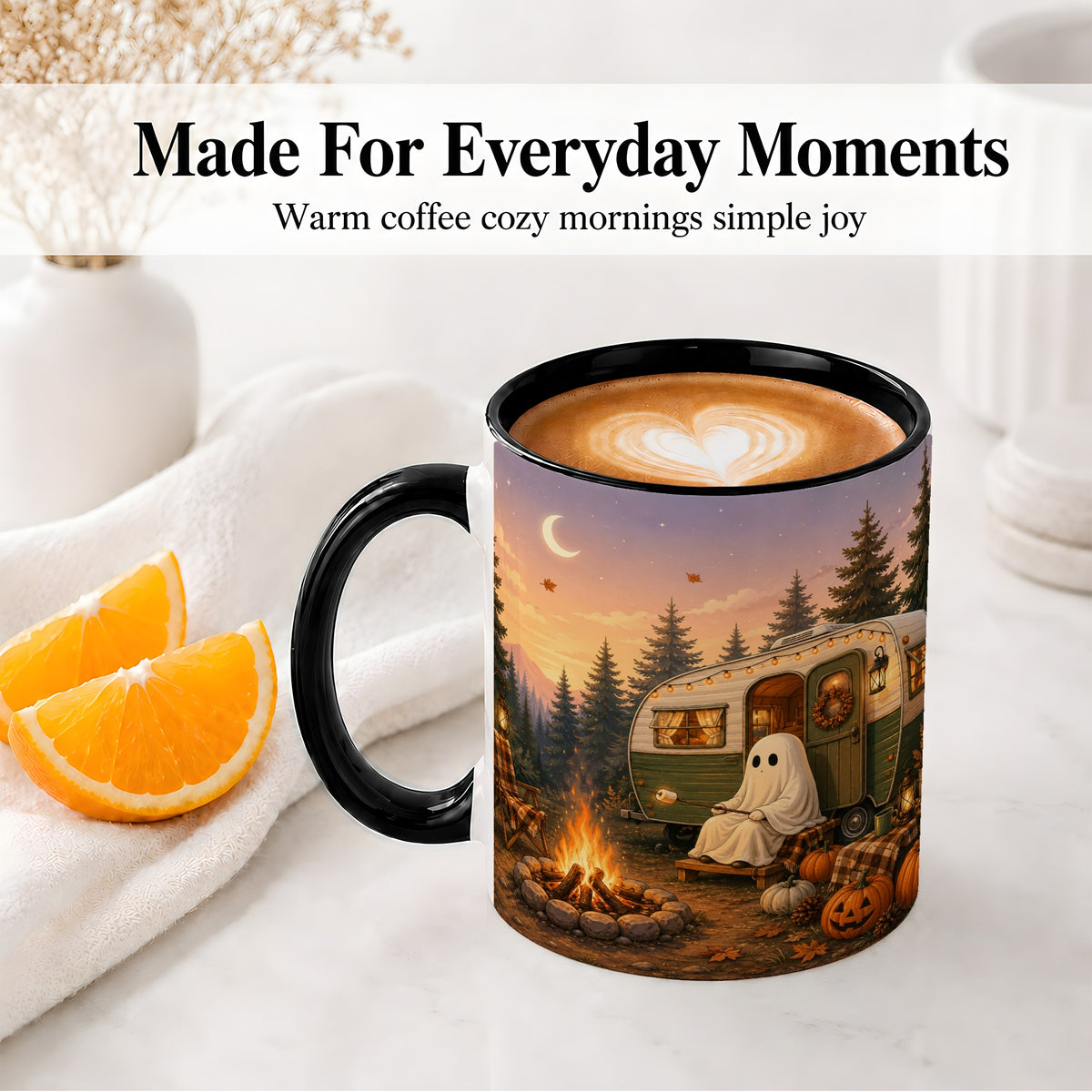 #pl[11oz|Black] Autumn Camping Ghost Ceramic Mug, Camper Campfire Art for Campers