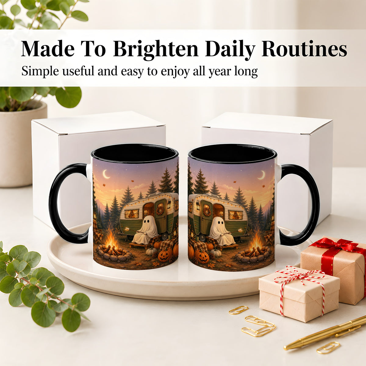 #pl[11oz|Black] Autumn Camping Ghost Ceramic Mug, Camper Campfire Art for Campers
