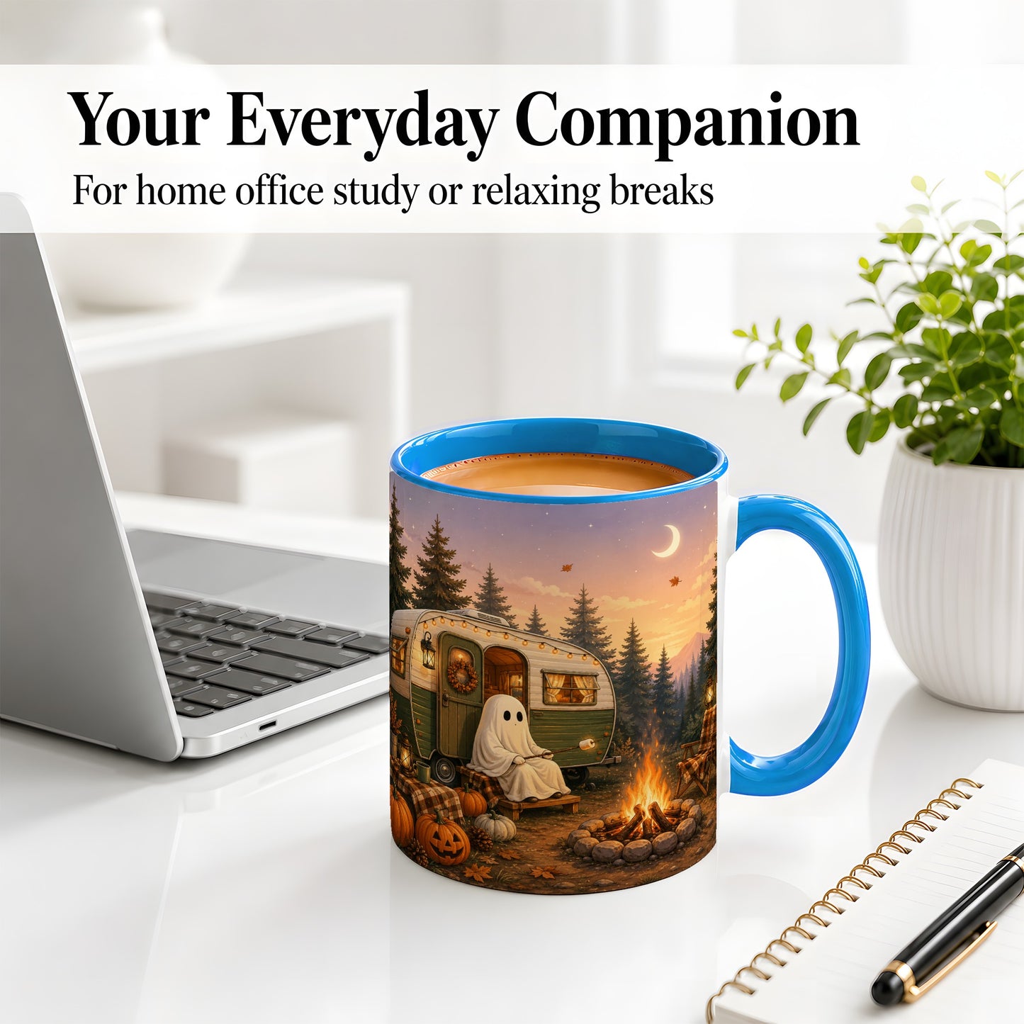 #pl[11oz|Blue] Autumn Camping Ghost Ceramic Mug, Camper Campfire Art for Campers