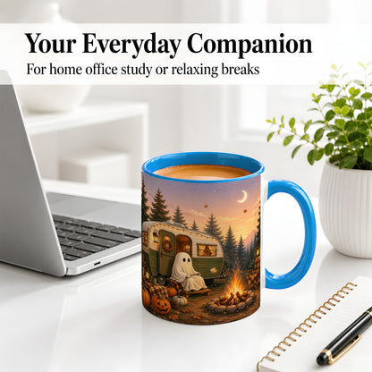 #pl[11oz|Blue] Autumn Camping Ghost Ceramic Mug, Camper Campfire Art for Campers