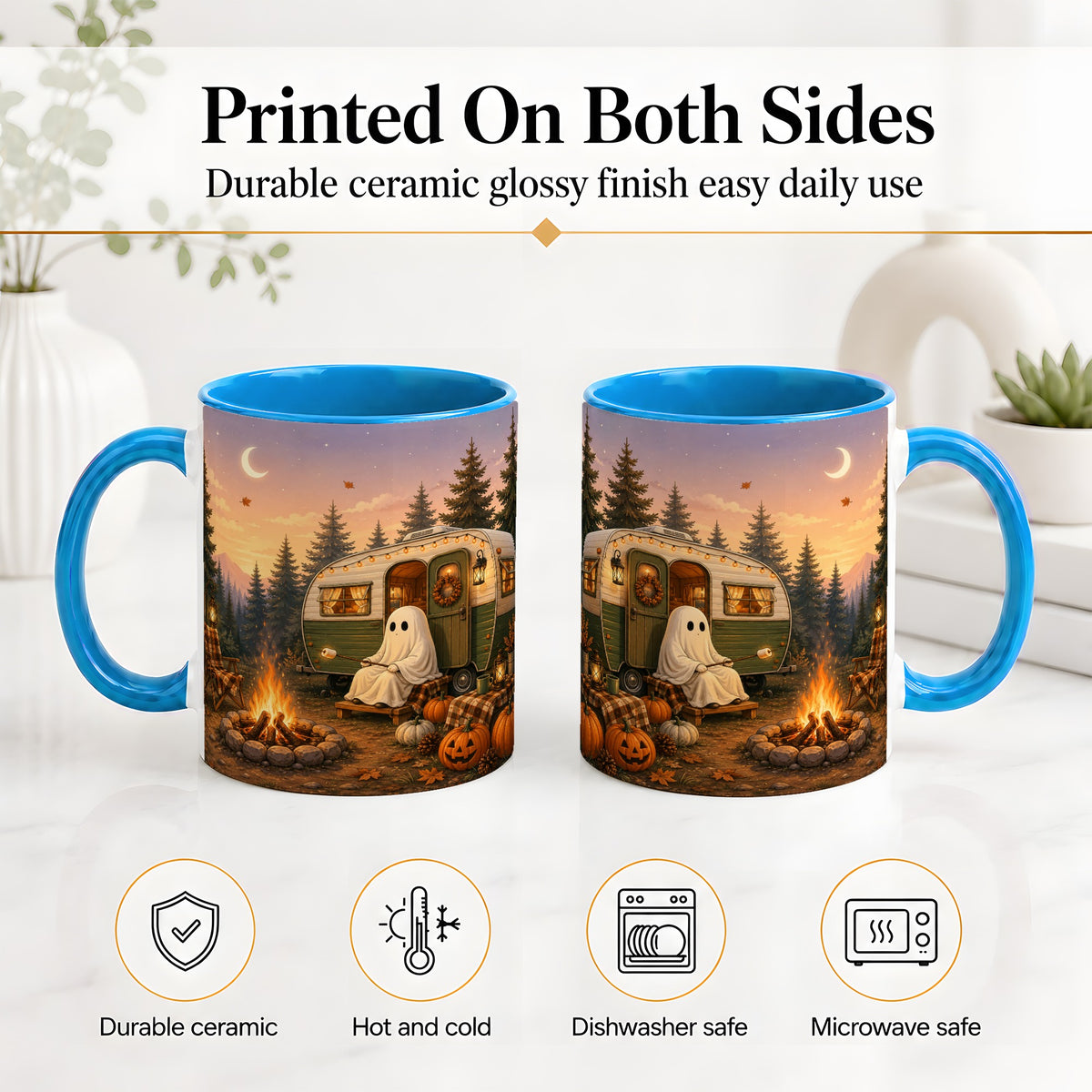 #pl[11oz|Blue] Autumn Camping Ghost Ceramic Mug, Camper Campfire Art for Campers