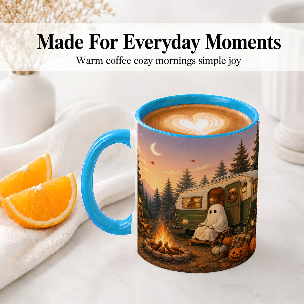 #pl[11oz|Blue] Autumn Camping Ghost Ceramic Mug, Camper Campfire Art for Campers
