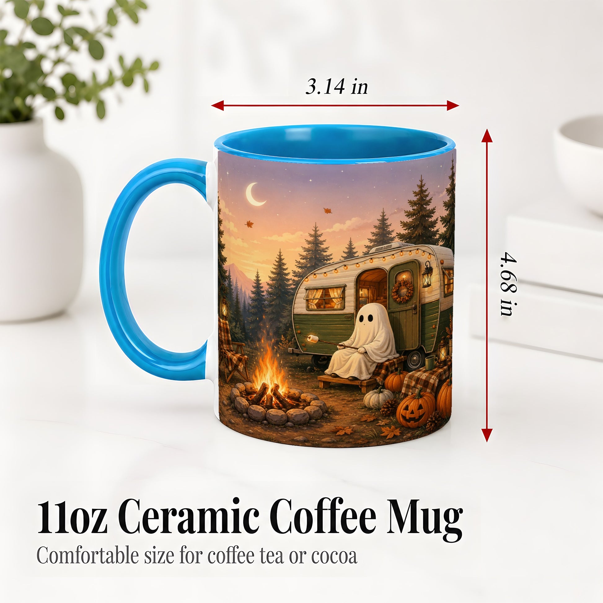 #pl[11oz|Blue] Autumn Camping Ghost Ceramic Mug, Camper Campfire Art for Campers