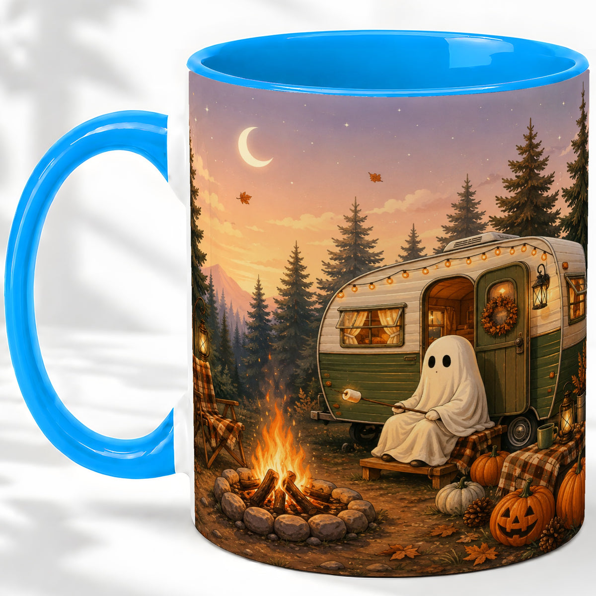 #pl[11oz|Blue] Autumn Camping Ghost Ceramic Mug, Camper Campfire Art for Campers