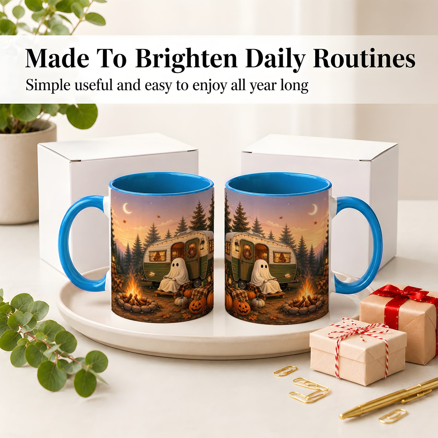 #pl[11oz|Blue] Autumn Camping Ghost Ceramic Mug, Camper Campfire Art for Campers