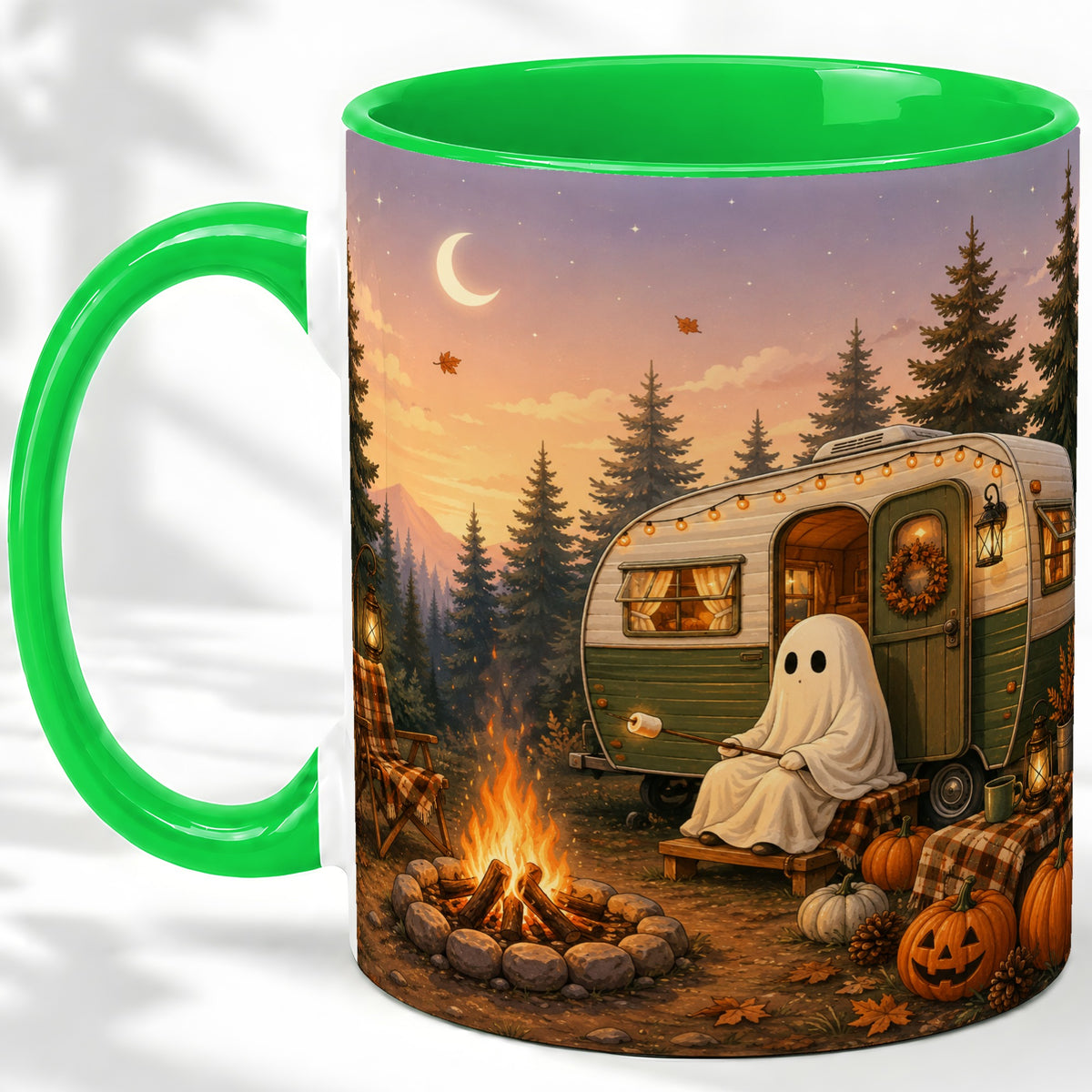 #pl[11oz|Green] Autumn Camping Ghost Ceramic Mug, Camper Campfire Art for Campers