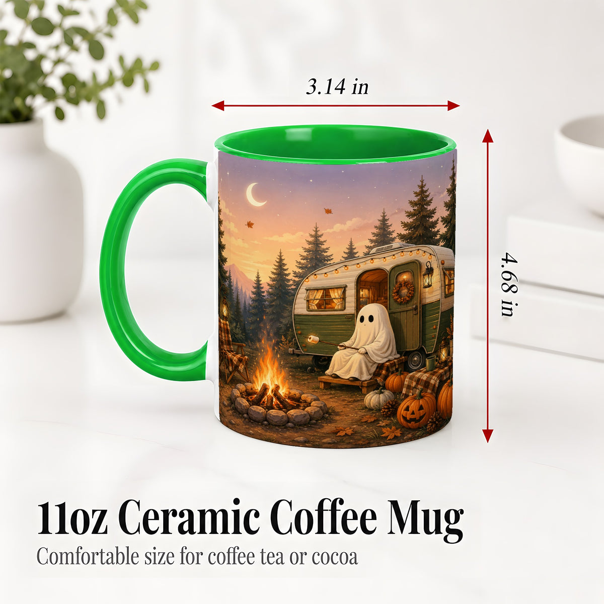#pl[11oz|Green] Autumn Camping Ghost Ceramic Mug, Camper Campfire Art for Campers