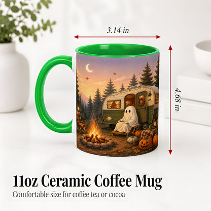 #pl[11oz|Green] Autumn Camping Ghost Ceramic Mug, Camper Campfire Art for Campers