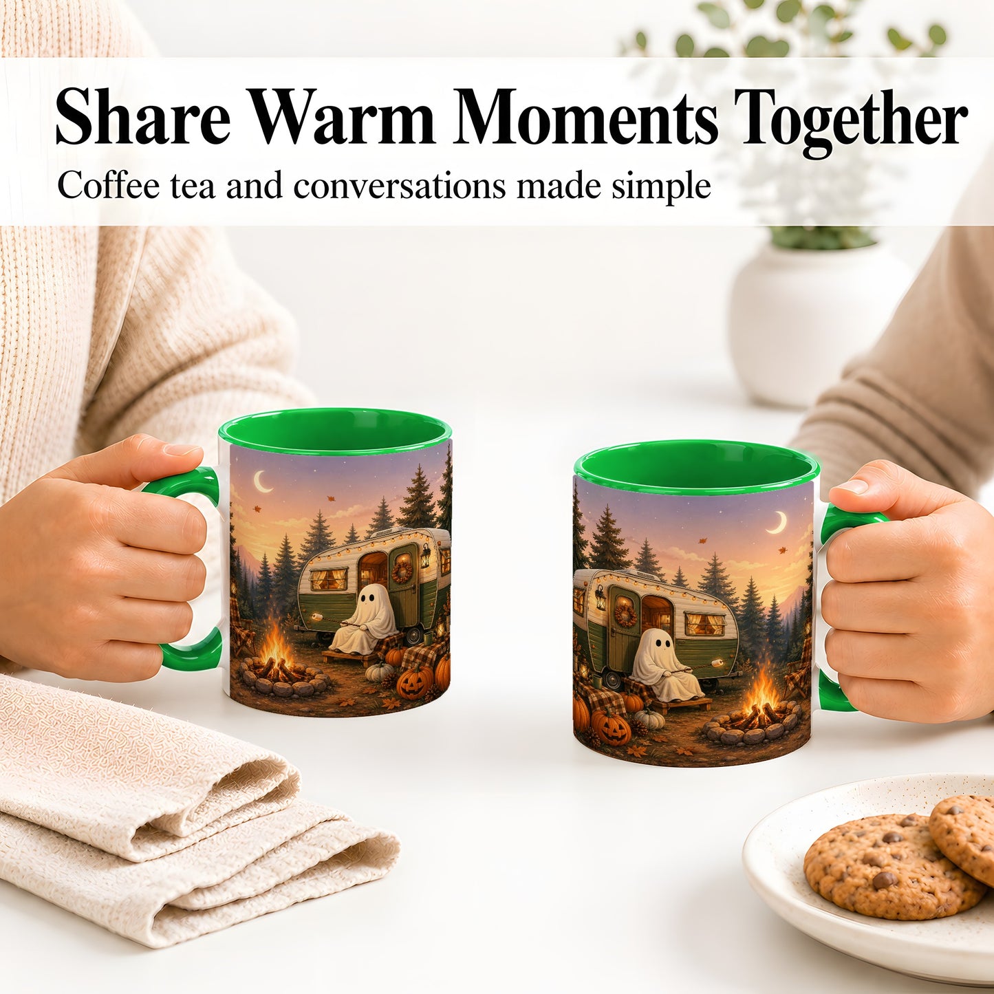 #pl[11oz|Green] Autumn Camping Ghost Ceramic Mug, Camper Campfire Art for Campers