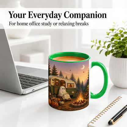 #pl[11oz|Green] Autumn Camping Ghost Ceramic Mug, Camper Campfire Art for Campers