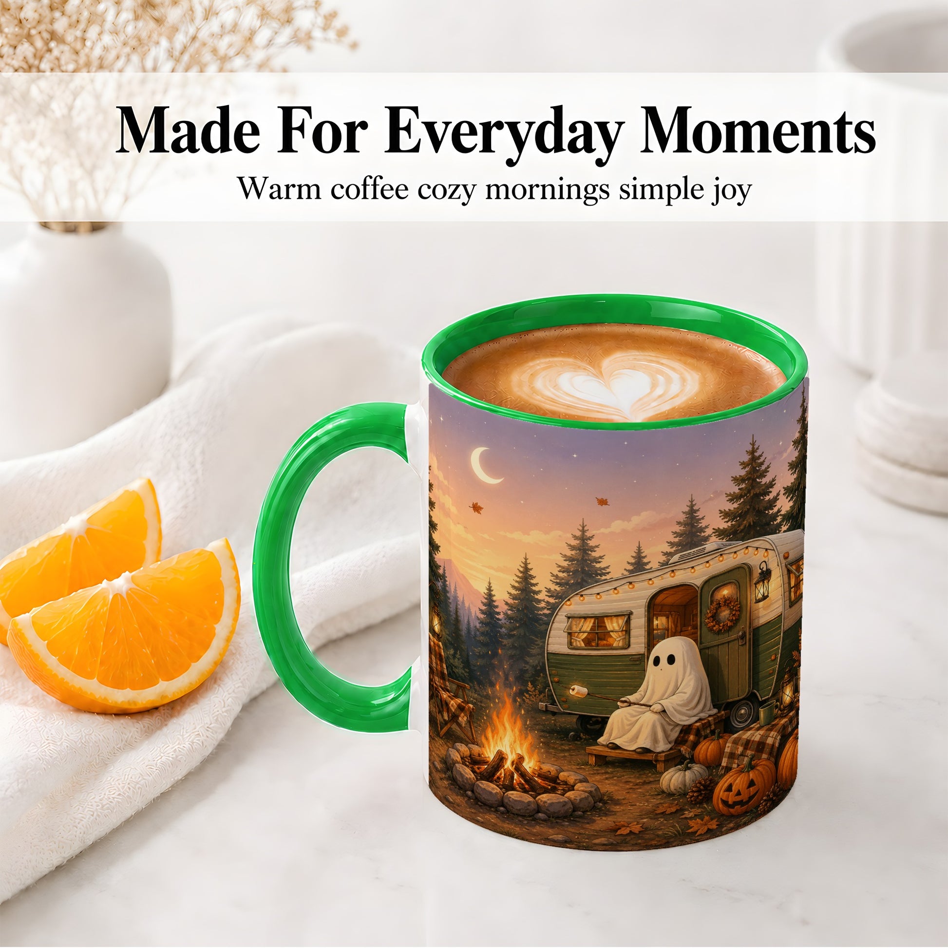#pl[11oz|Green] Autumn Camping Ghost Ceramic Mug, Camper Campfire Art for Campers